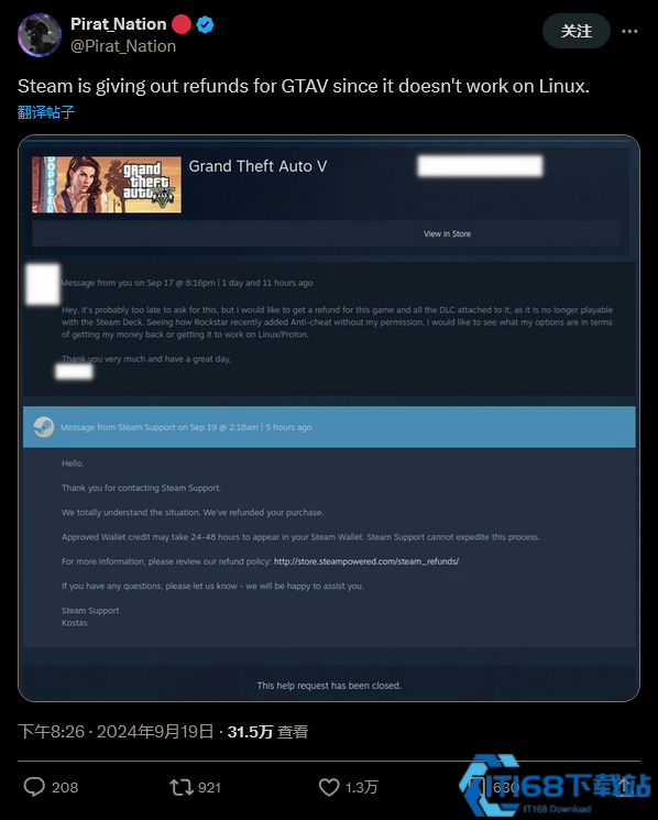 《GTA5》不再支持Linux系统 V社大气为玩家退款