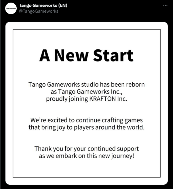 Tango Gameworks更名为“Tango Gameworks株式会社”，正式加入KRAFTON大家庭，续写游戏传奇