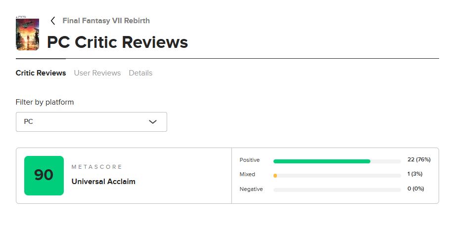 最终幻想7：重生PC版解锁在即，媒体评分解禁，好评如潮
